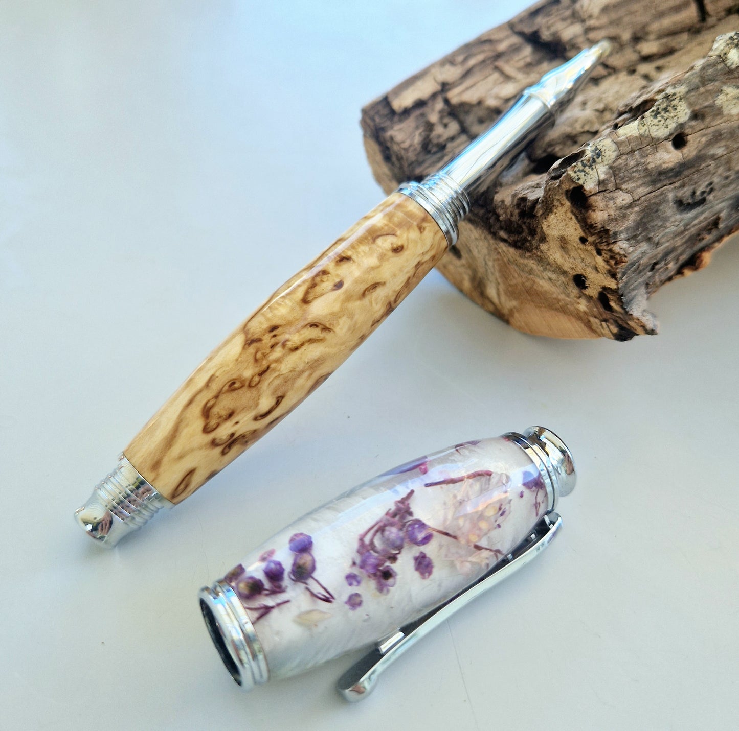 Rollerball Pen with Dried Flowers & Stabilized Curly Masur Birch