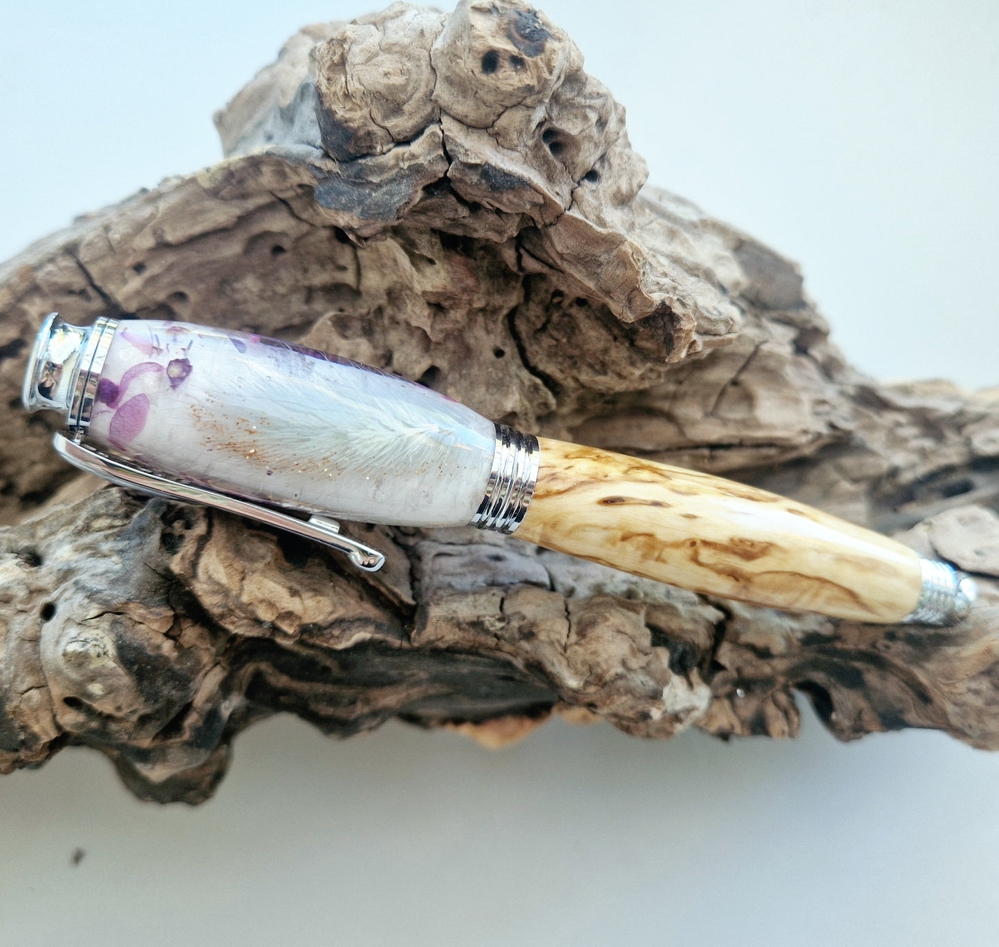 Rollerball Pen with Dried Flowers & Stabilized Curly Masur Birch