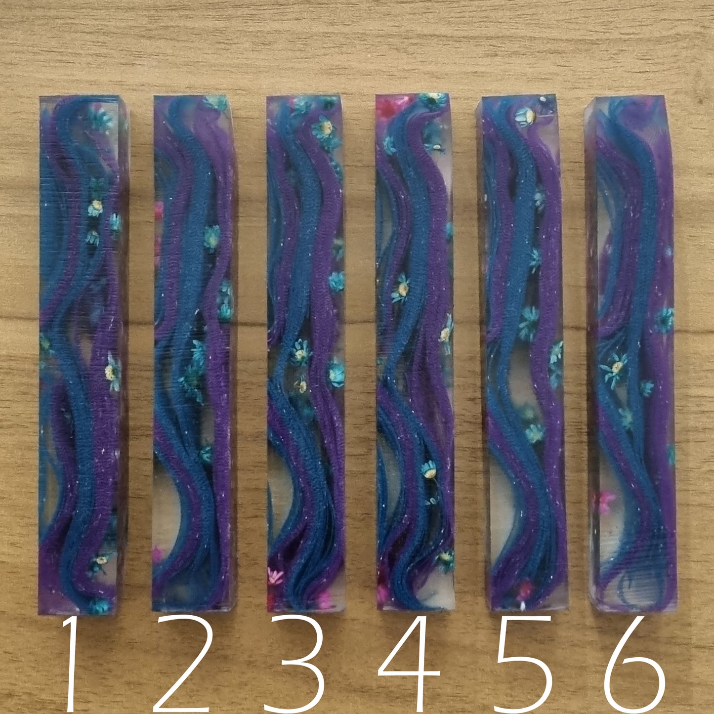 Pen Blanks with Purple and Blue Fabric Mesh, Dried Flowers & Glitter