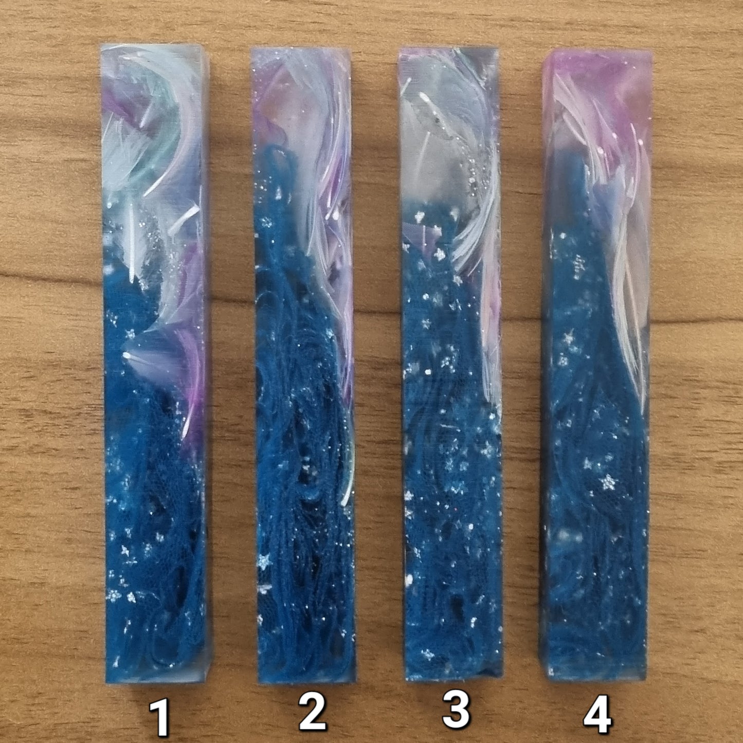 Pen Blanks with Northern Lights (Blue Fabric Ribbon, Colored Feathers & Glitter Edition)