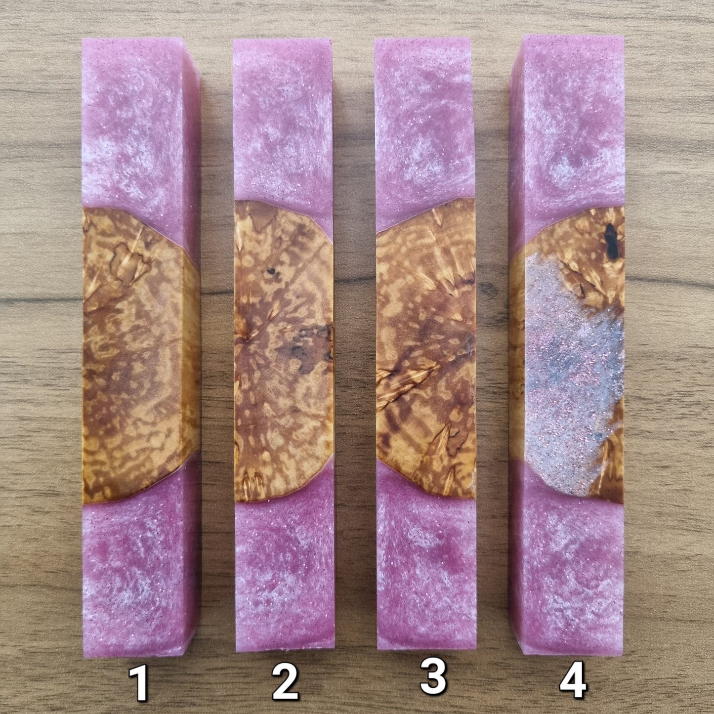 Pen Blanks with Stabilized Curly Masur Birch & Pink Glitter Resin