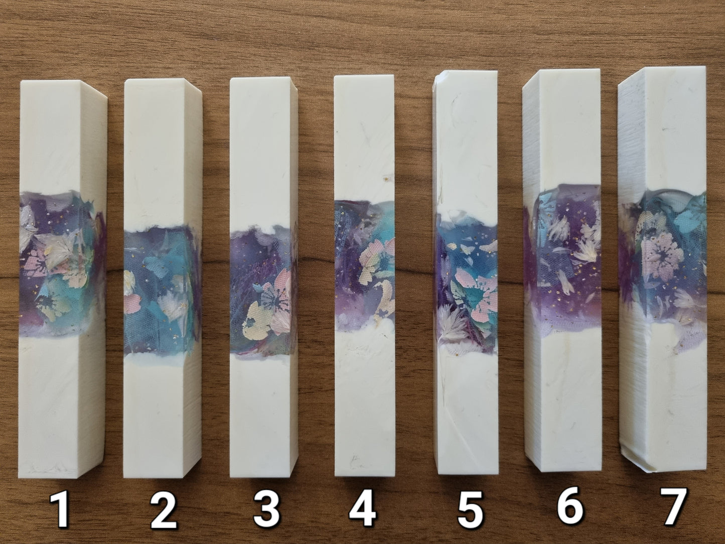 Pen Blanks with White Resin, Fabric Ribbon & Dried Mini Flowers