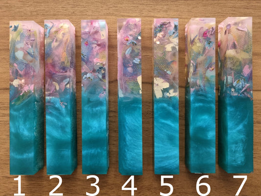 Pen Blanks with Dried Flowers, Fabric Ribbon & Teal Resin