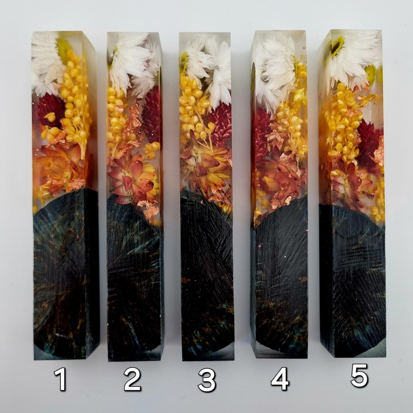 Pen Blanks with Dried Flowers & Stabilized Curly Masur Birch