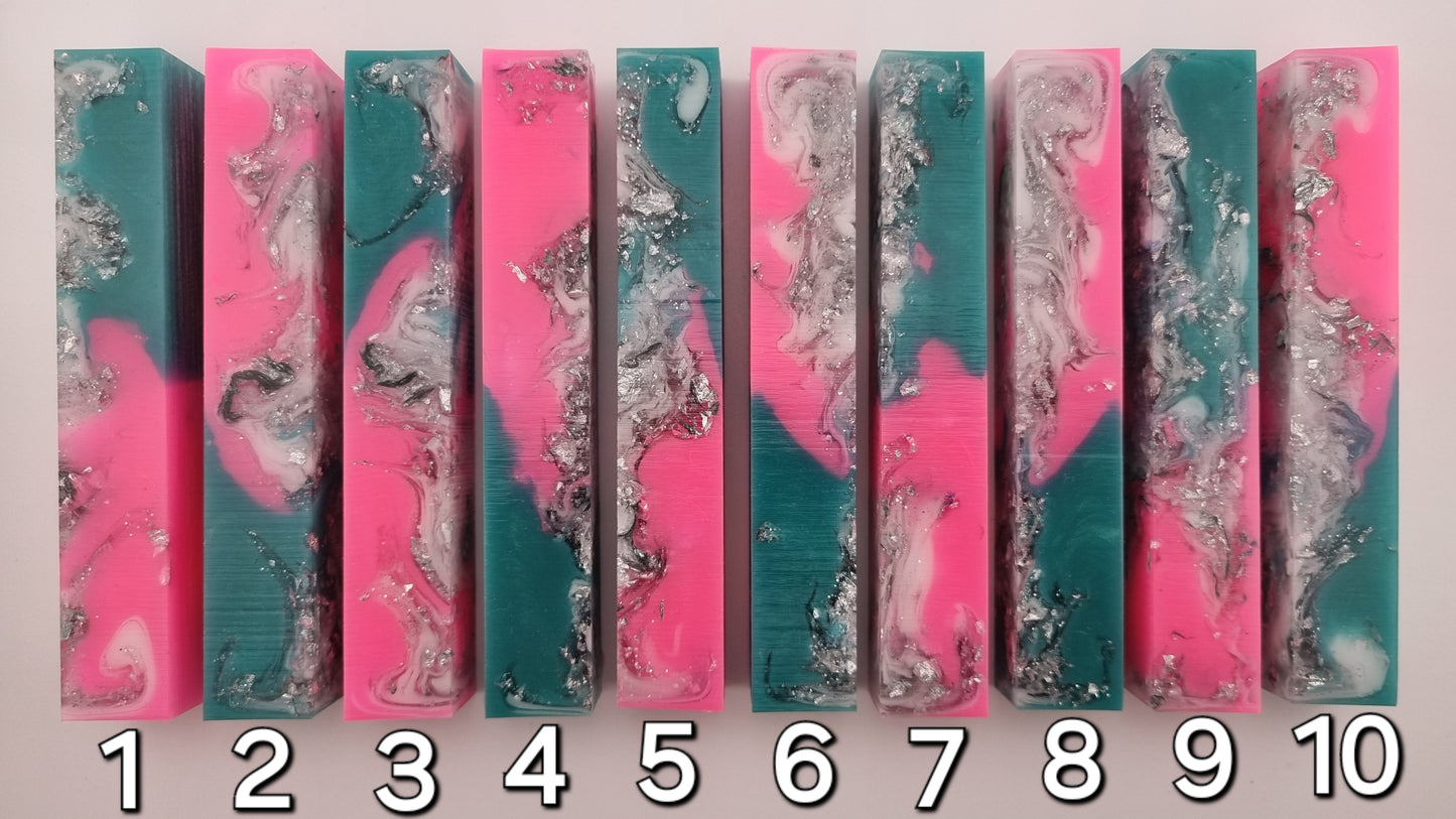 Resin Pen Blank with Pink, Teal and White Colored Resin & Silvery Sparkle