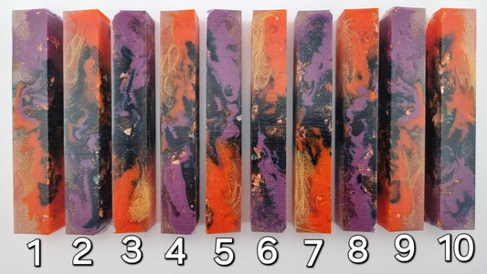 Resin Pen Blanks with Orange, Green, Purple, Copper Leaf and Glitter & Orange and Purple Tulle