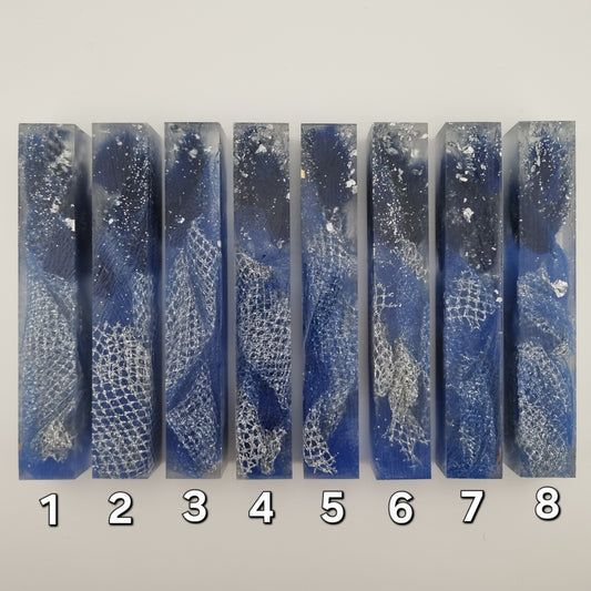 Dark Blue Flowers Blue Tulle Silver Mesh Silver Glitter Pen Blank