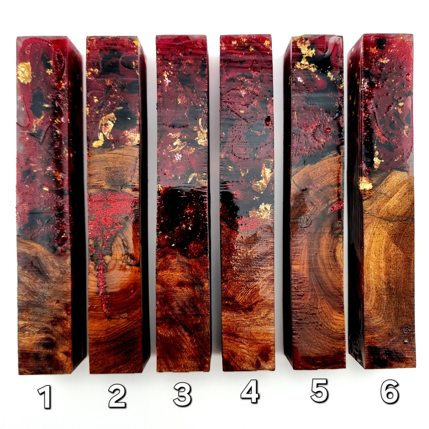 Red Fabric, Gold Leaf, Black Leaf, Red Glitter, Elm Burl Pen Blank