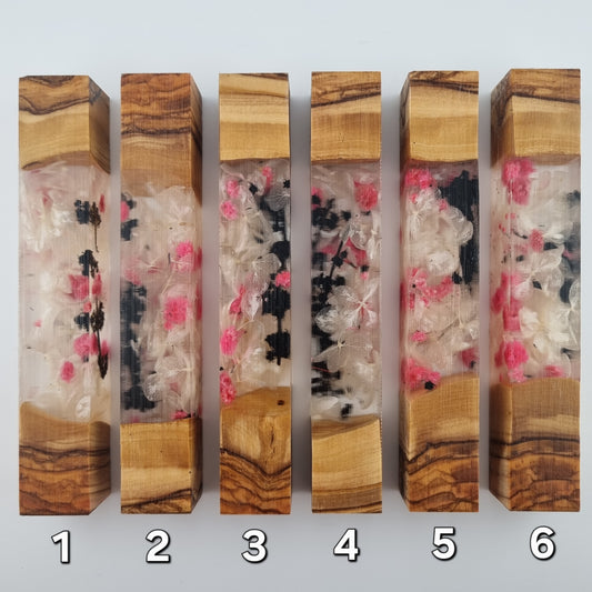 Olive Wood and Flowers Pen Blank [REDUCED PRICE DUE TO BLACK FLOWERS HAVING FLOATED A BIT]