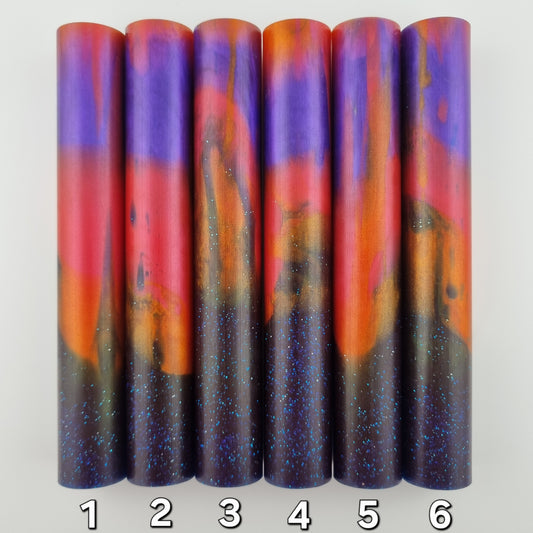 Transparent Dark Blue with Glitter and Mica Orange, Pink/Red, Purple Pen Blank