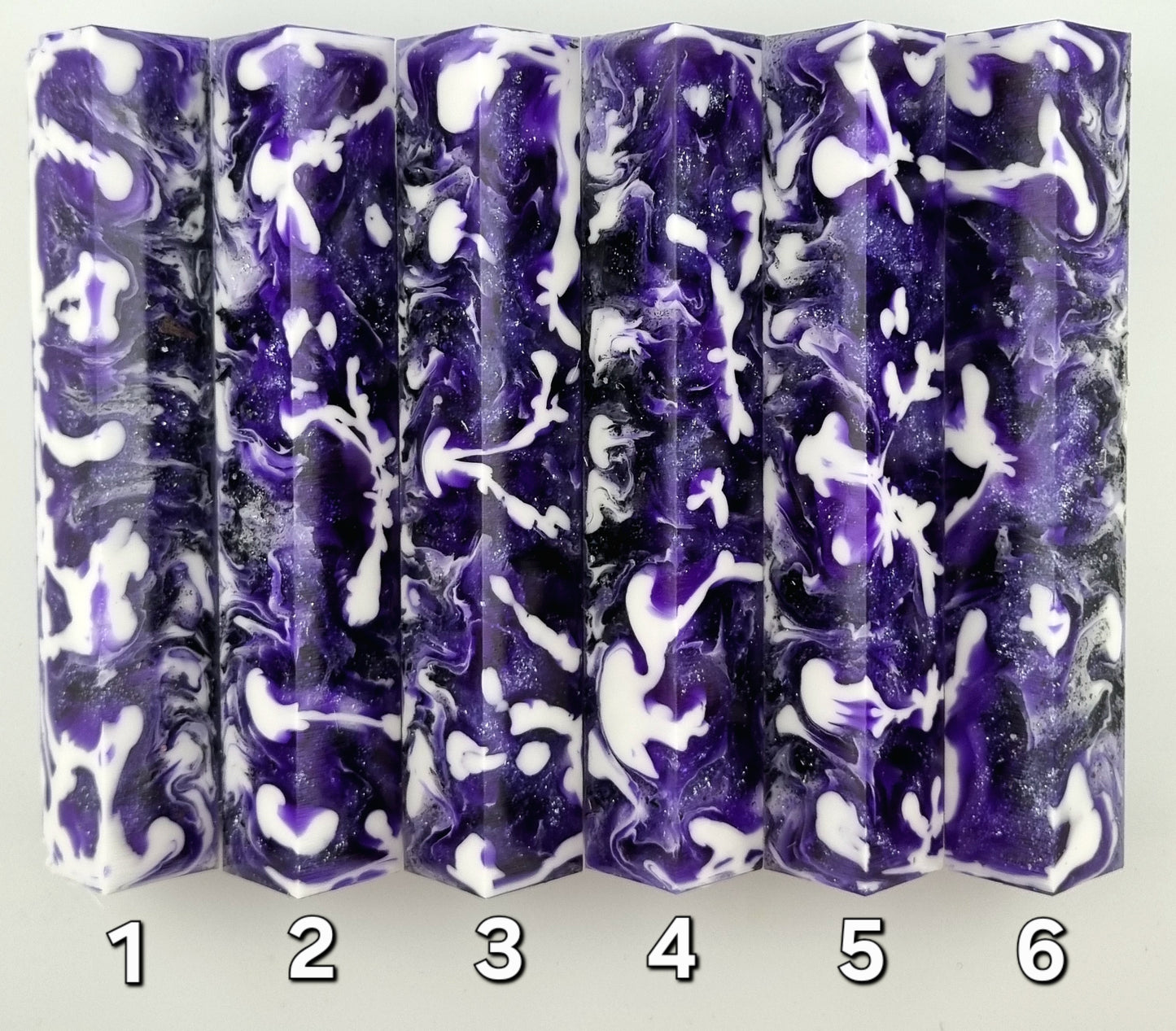 White, Transparent Purple, Sparkly Purple, Black Holographic Flakes and Glitter Pen Blank