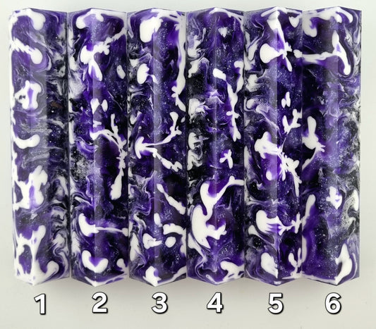 White, Transparent Purple, Sparkly Purple, Black Holographic Flakes and Glitter Pen Blank