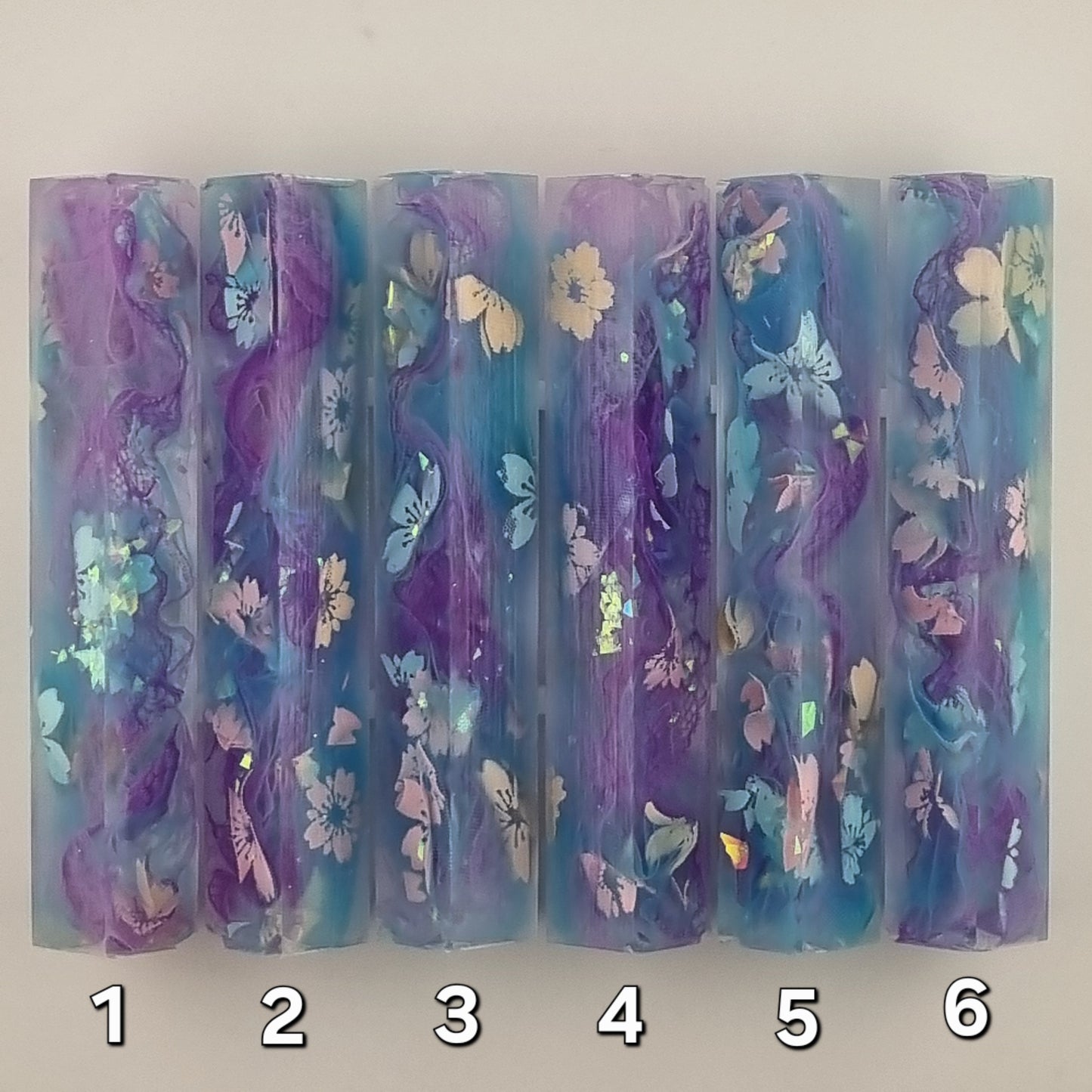 Ribbon with Printed, Purple Lace and Iridescent Flakes Flowers Pen Blank