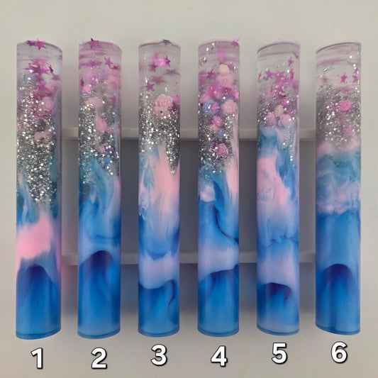 TRANSPARENT BLUE, PINK, SILVER GLITTER AND RESIN FLOWERS + GLITTER STARS Pen Blank